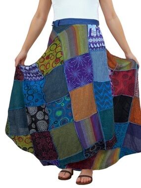 Agan Traders Blue Multicolor Patchwork Cotton Long Wrap Skirt Tie Size XXL